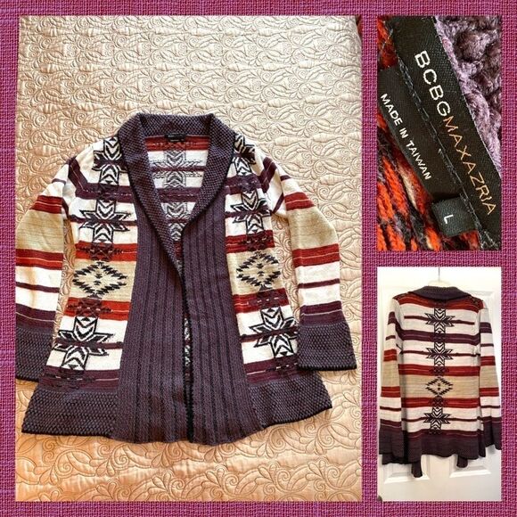 BCBG Max Azria Boho Southwest Cardigan Sweater Size L Purple Rust Cream - Picture 2 of 6
